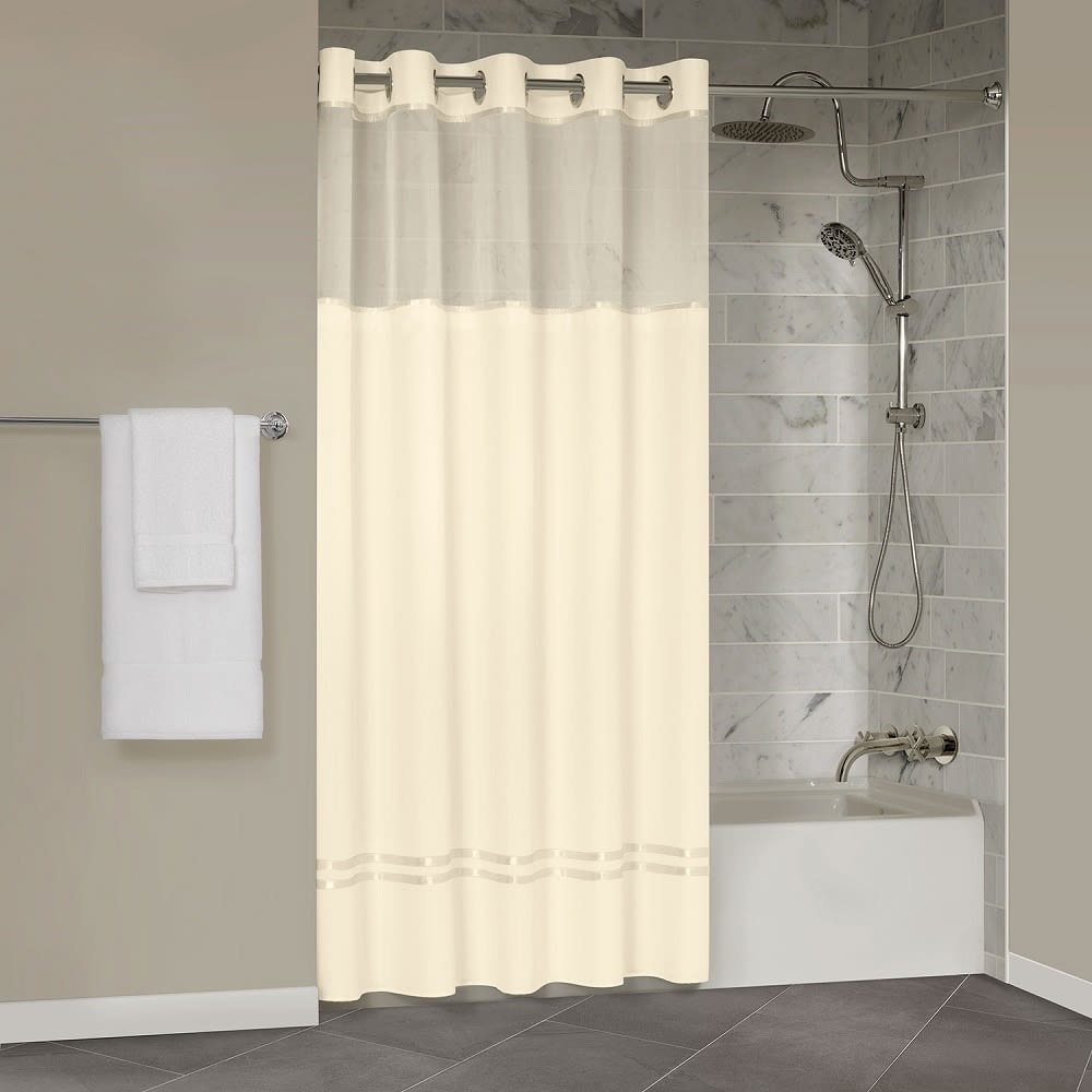 Protect360° Satin Ribbon Shower Curtain, Snap-in Liner, Hook Free, Antimicrobial, 71x74, Beige